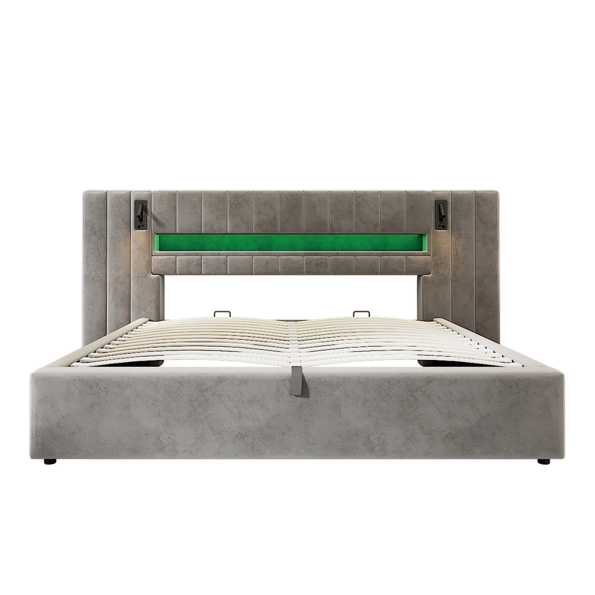 هيكل سرير 180 × 200 سم، مع واجهة USB، سرير مرتبة ناعمة، سرير مزدوج، سرير غرفة تخزين، سرير عملي، مع إضاءة LED، مصباح بجانب السرير في غرفة التخزين، بدون مرتبة، مخمل، رمادي