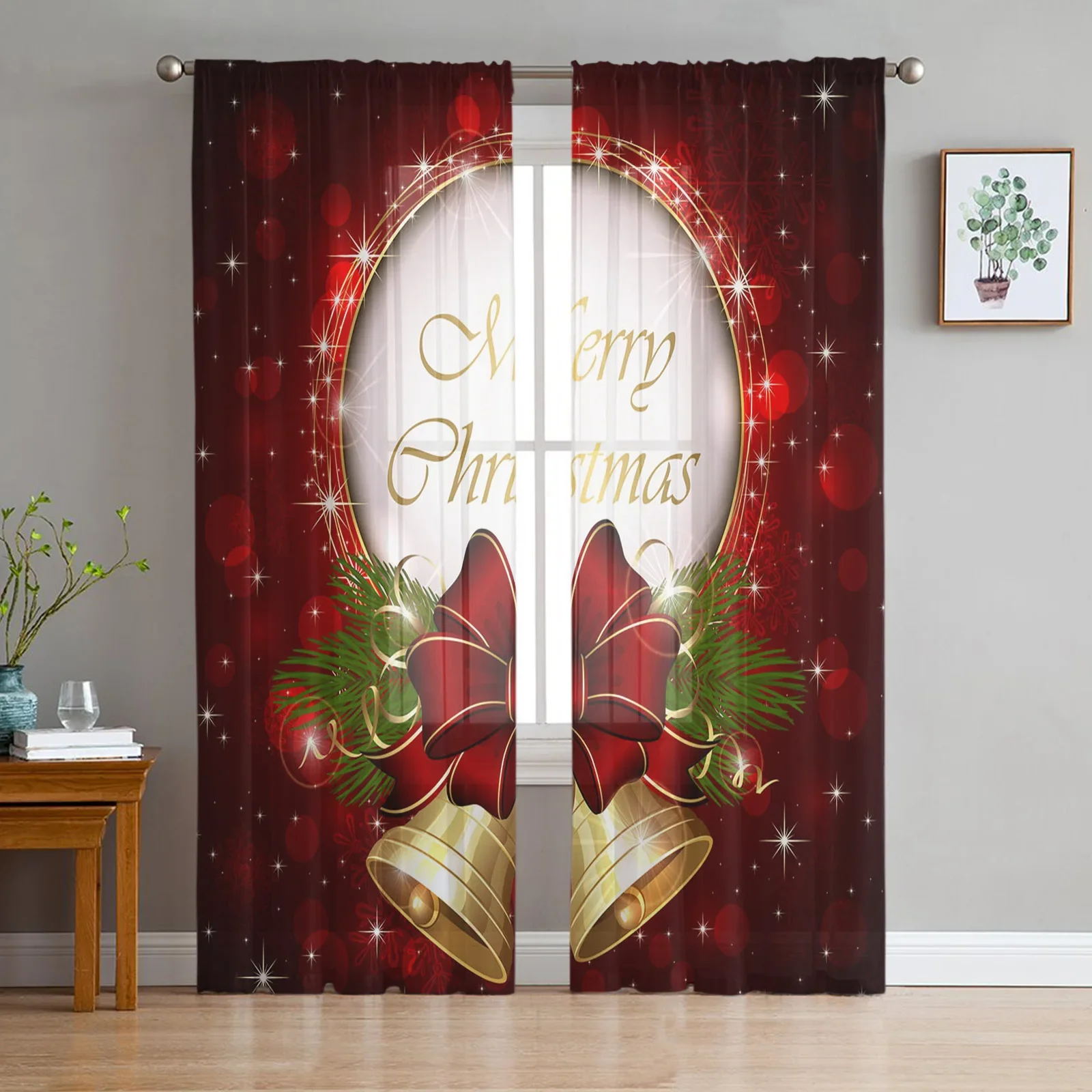 Christmas Bells Letters Bow Ribbon Tulle Sheer Window Curtains for Living Room Bedroom Christmas Decor Voile Curtains Drapes