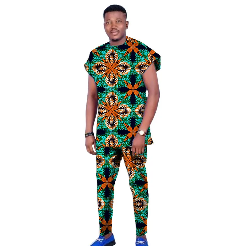 Raglan Sleeve Design Summer African Men\'s Set Tops+Elastic Waist Pants Print Outfits Tailored Nigerian Party Wear