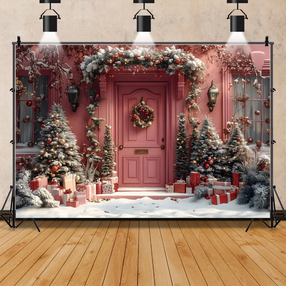 الوردي عيد الميلاد متجر خلفية الشتاء الوردي شجرة عيد الميلاد كرات هدية مربع ندفة الثلج الأسرة عطلة حزب ديكور التصوير الخلفية