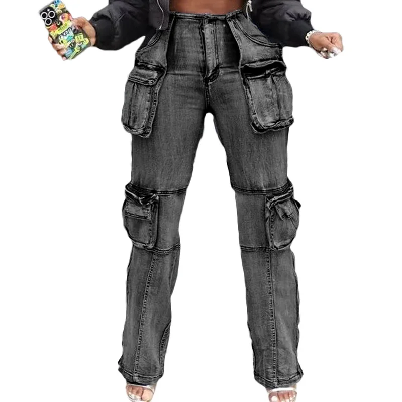 

Stigende Women Cargo Denim Pants Streetwear Wide Leg Multiple Pockets Jeans Zipper Split Leg Straight Jeans