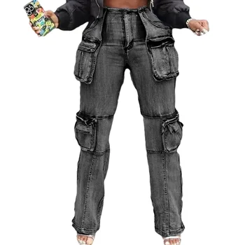 Stigende Vrouwen Cargo Denim Broek Streetwear Wijde Pijpen Meerdere Zakken Jeans Rits Split Been Rechte Jeans