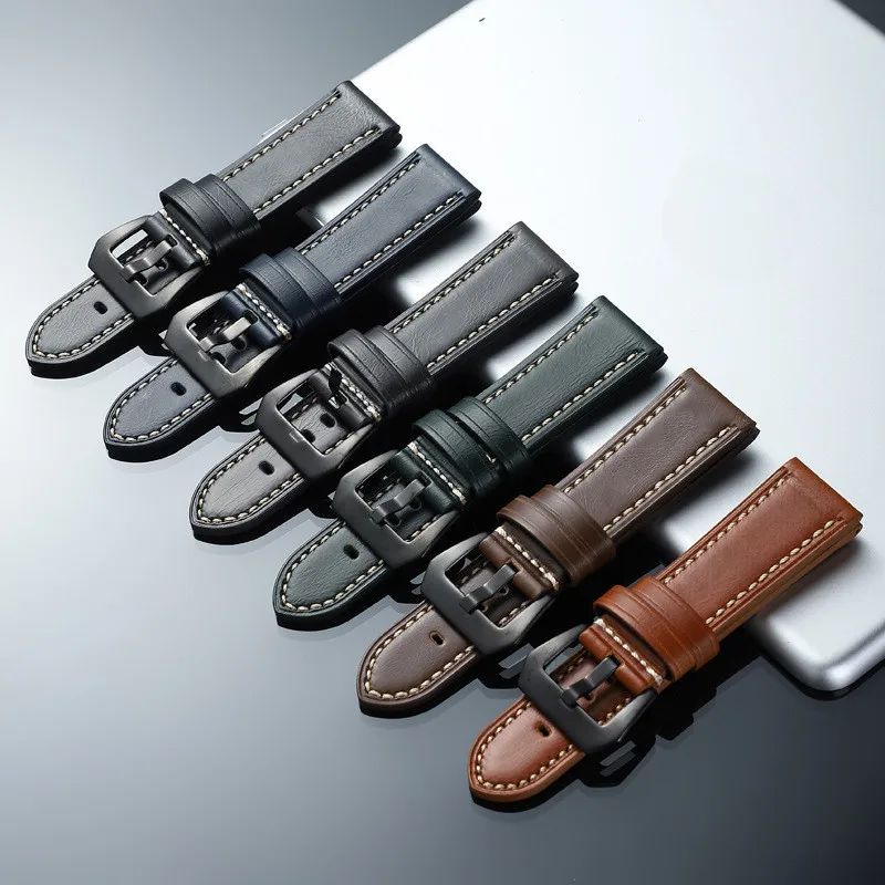 Pulseira de relógio de couro macio e grosso, 20mm 22mm 24mm 26mm para homens e mulheres, pulseira panerai luminor clássica simples à prova d'água