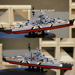 2 In 1 KMS Bismarck Battleship Building Blocks WW2 Military Warships Navy Fleet Model Bricks Toy For Boy Birthday Gift MOC