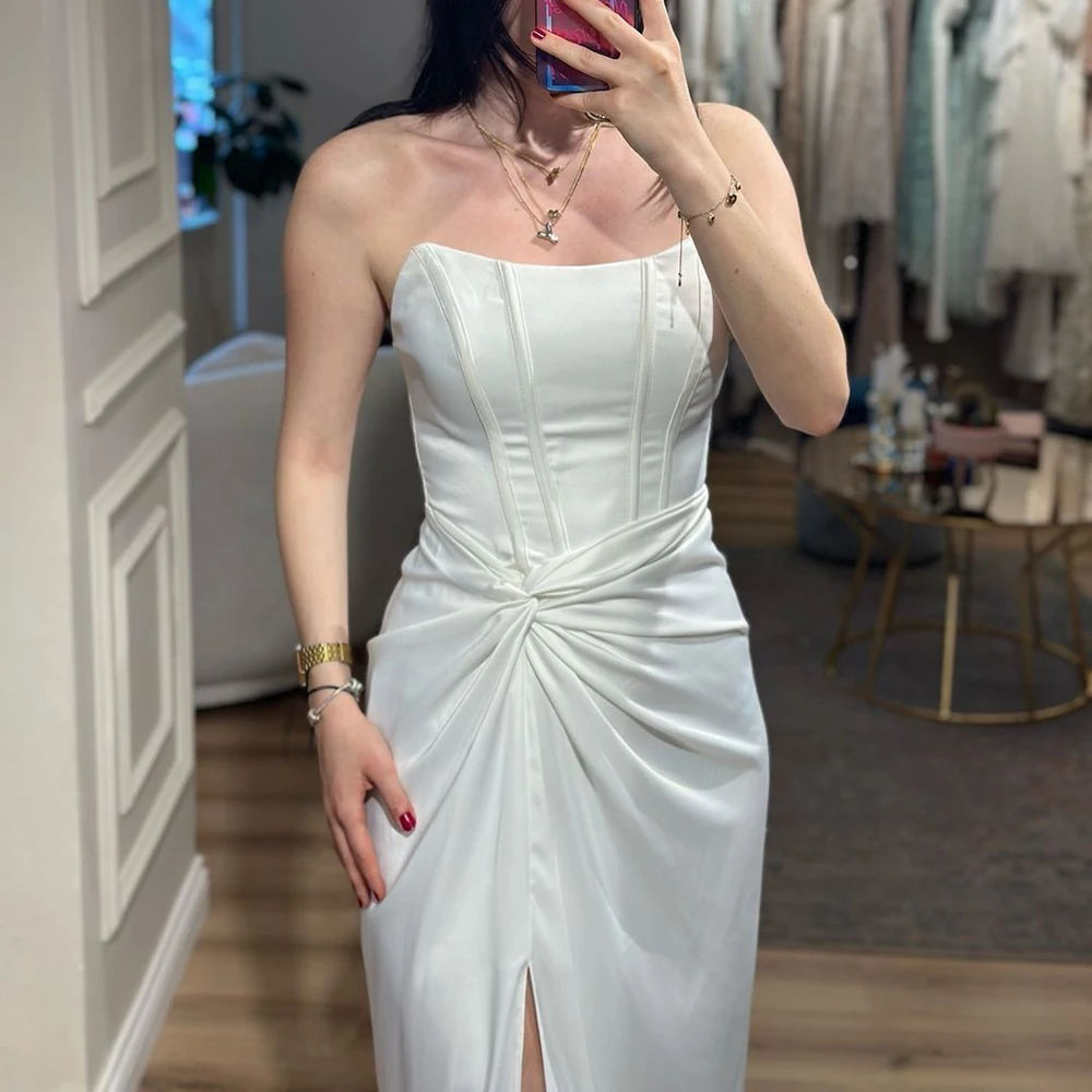 Sexy Women White Prom Dress Sleeveless Pleat Side Split Floor Length Special Occasion Evening Gowns Custom Made Vestidos