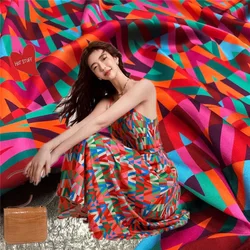 European American Big Brand V Home New Rainbow Letter Print Elastic Fashion Fabric Mulberry Silk High-end Clothing Fabric Sewing