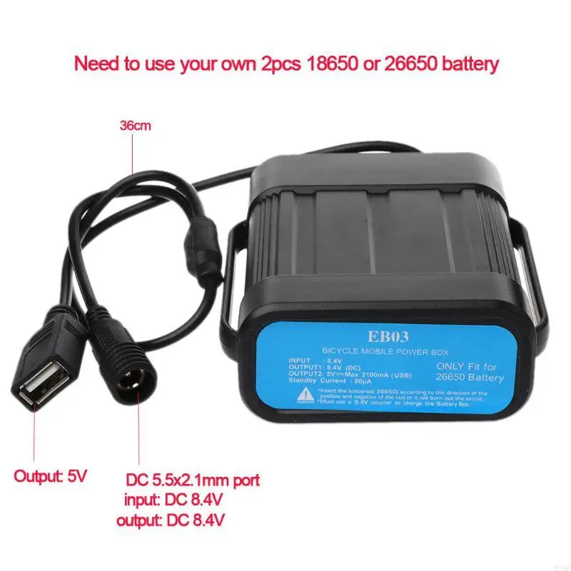 97QB 2Pcs 18650 Battery for Case Waterproof Storage Box Cover with for DC USB Power Supply Charger for DIY Bike LED Light Cel