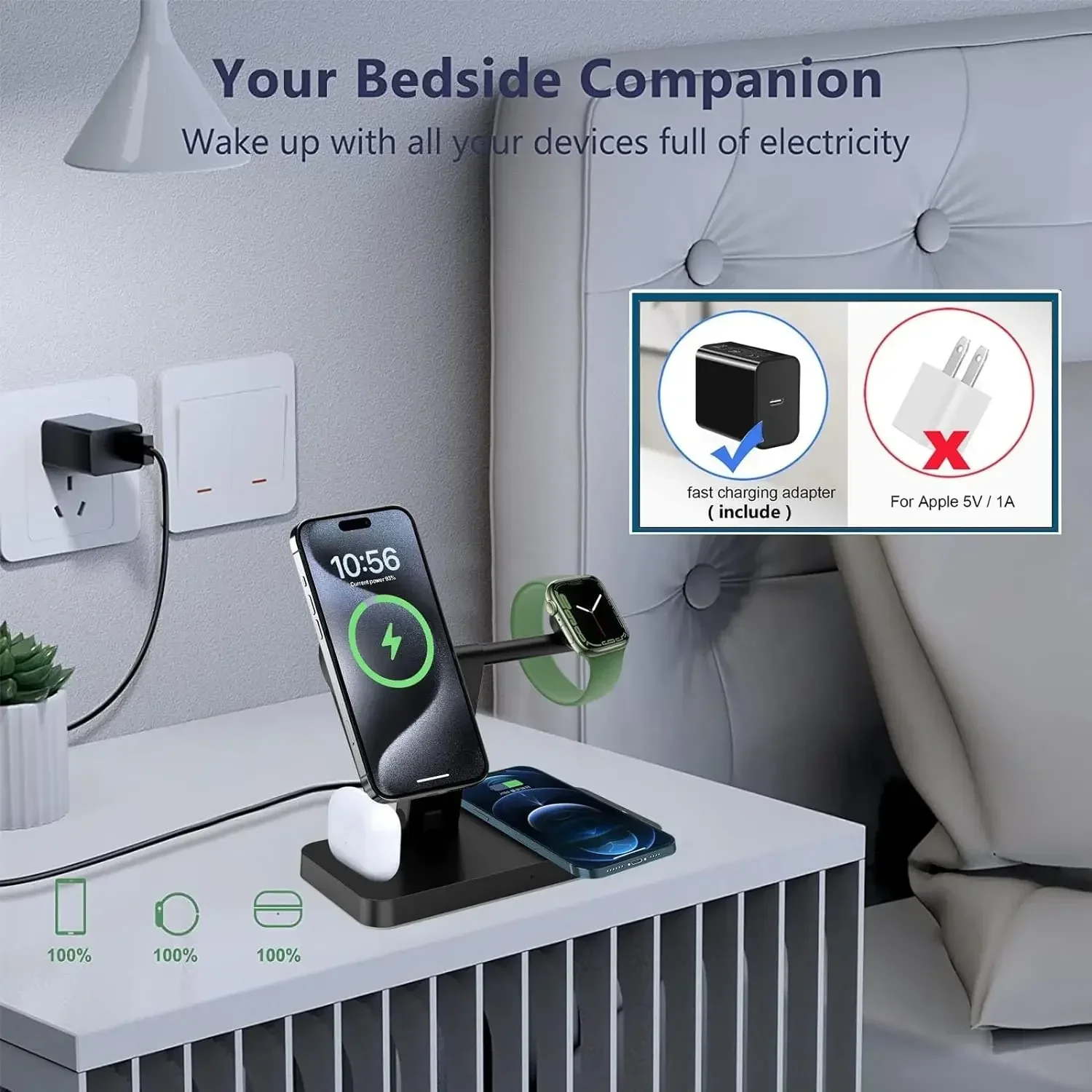 منصة حامل شاحن لاسلكي مغناطيسي قابل للطي ، محطة شحن سريعة لهاتف آيفون 15 و 14 و 13 و 12 برو ماكس ، ساعة أبل 8-6 ، سماعات إيربودز ، 4 في 1