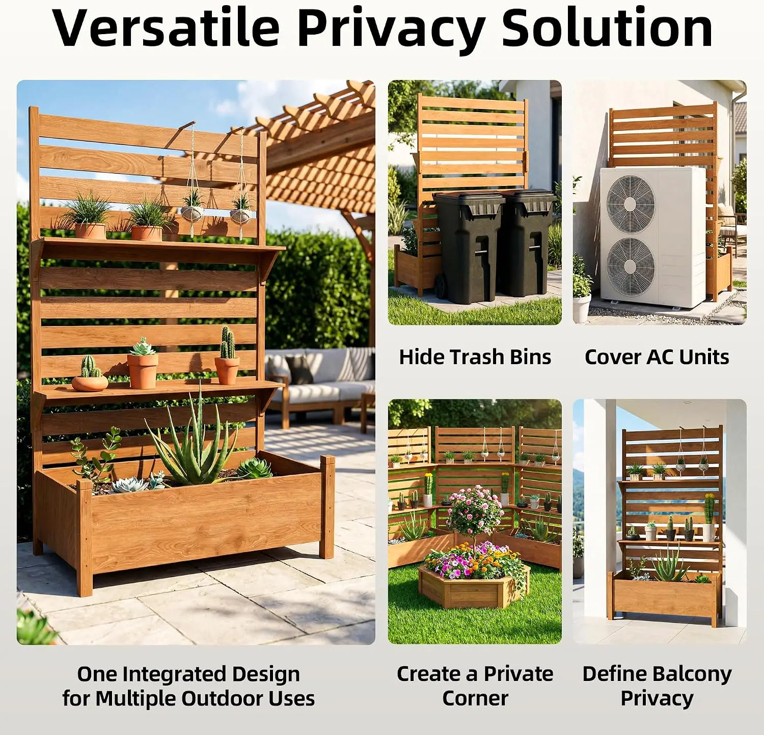 Outdoor Privacy Screen with Planter, 72.8" H x 26" W x 41.3" D, Solid Wood Freestanding Patio Privacy Divider with 2-Tier Shelf, Light Brown - view 6