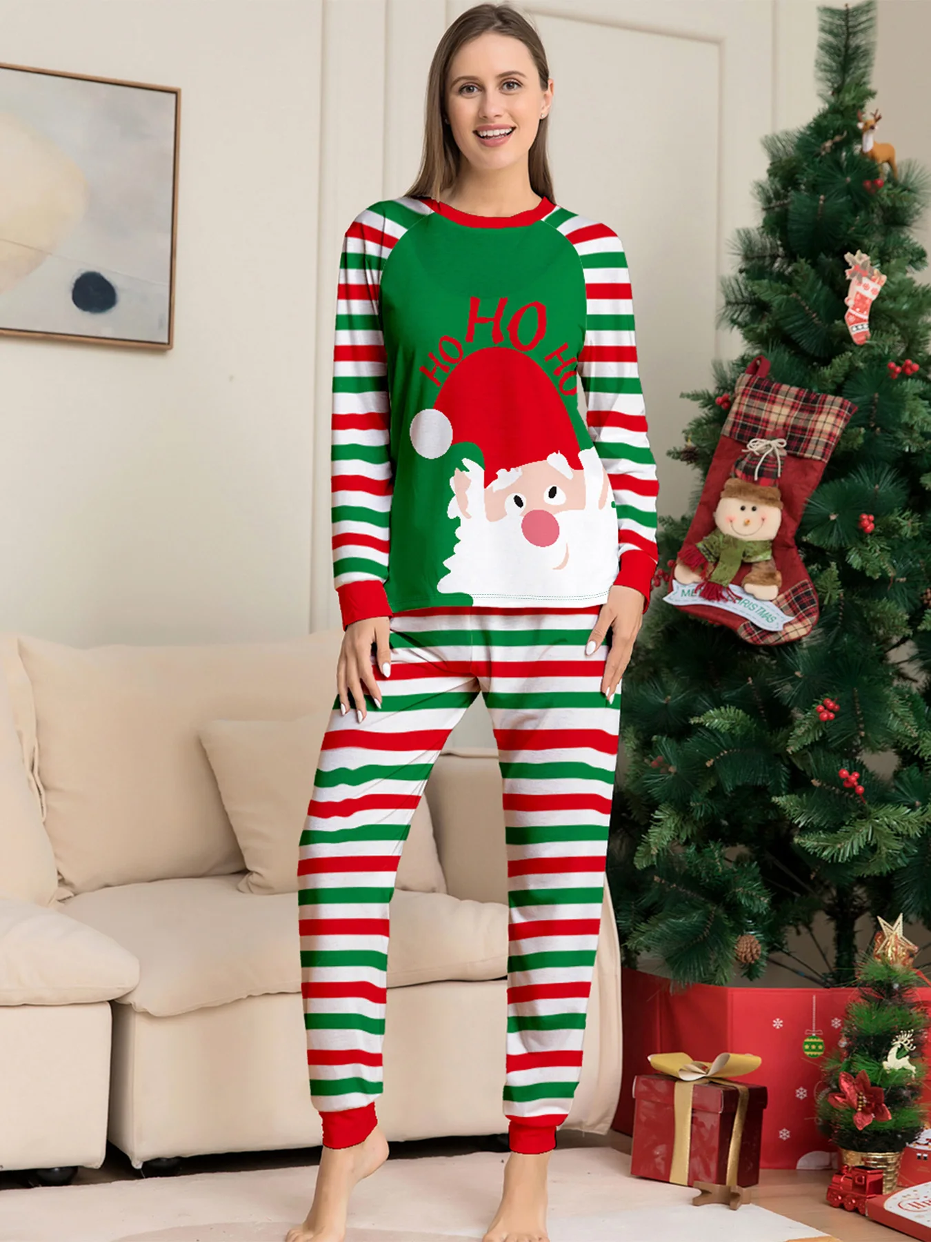 Pijamas navideños con estampado de Papá Noel, ropa de dormir a rayas para padre, madre y bebé, Tops y pantalones, trajes a juego para la familia