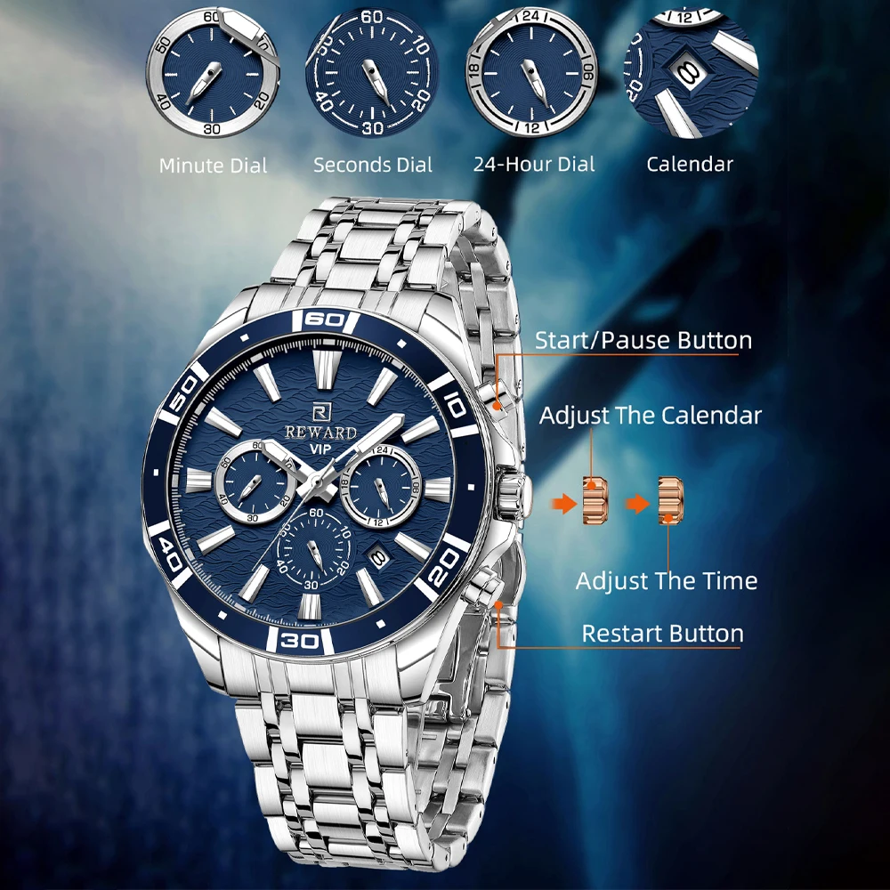 REWARD Fashion Business Watches for Men Blue Dial Chronograph Waterproof Watch Men Stainless Steel Luminous Sport Wristwatches