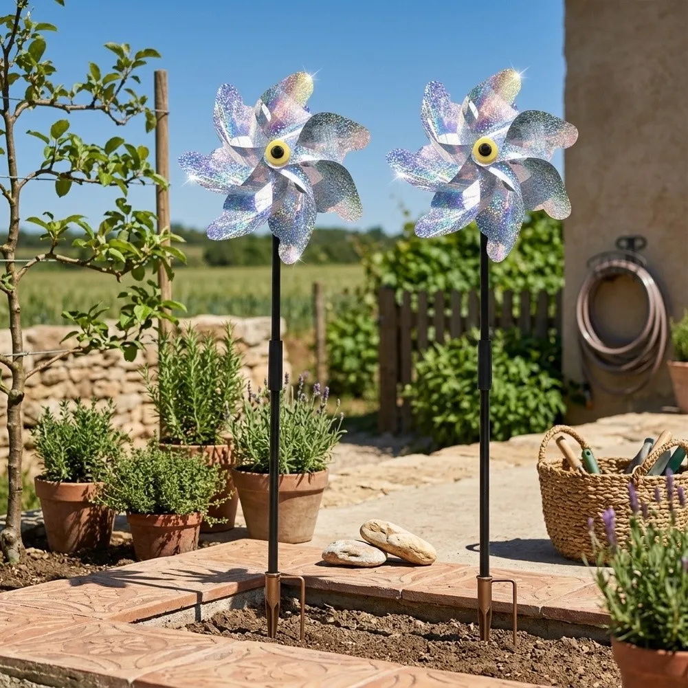 Reflective Windmill Units for Open-Area Bird Control Compatible with Soil Planters Raised Beds and Ground-Level Installations