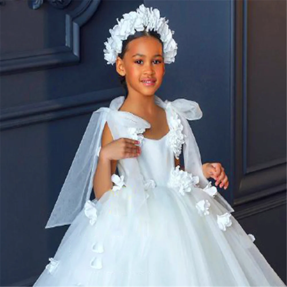 

White Tulle Lace Decal Holy Shawl Flower Girl Dress Princess Ball Pageant First Communion Kids Surprise Birthday Present