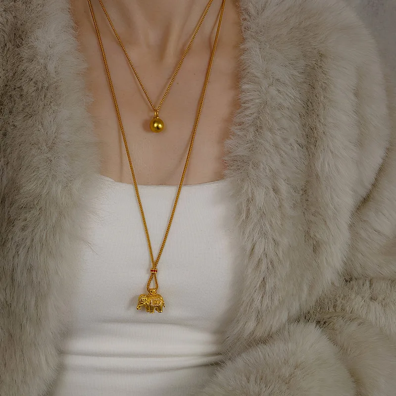 Placer Gold Elephant Long Pendant Women's Man's Sweater Chain  Power Wealth Meditation Jewelry Necklaces Peace Fortune Amulet
