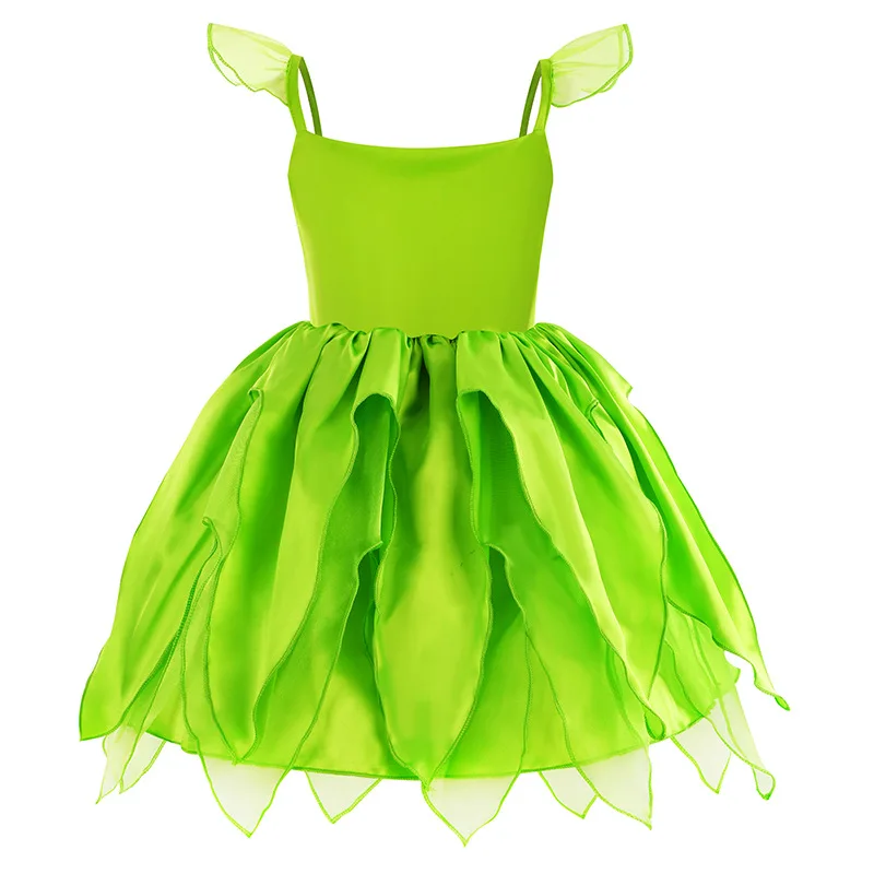 Disney Fairy Dress Tinker Bell Role Play Costume Girls Princess Party Apparel Toddller Elf Pixie Green Costume Frock Knee Length