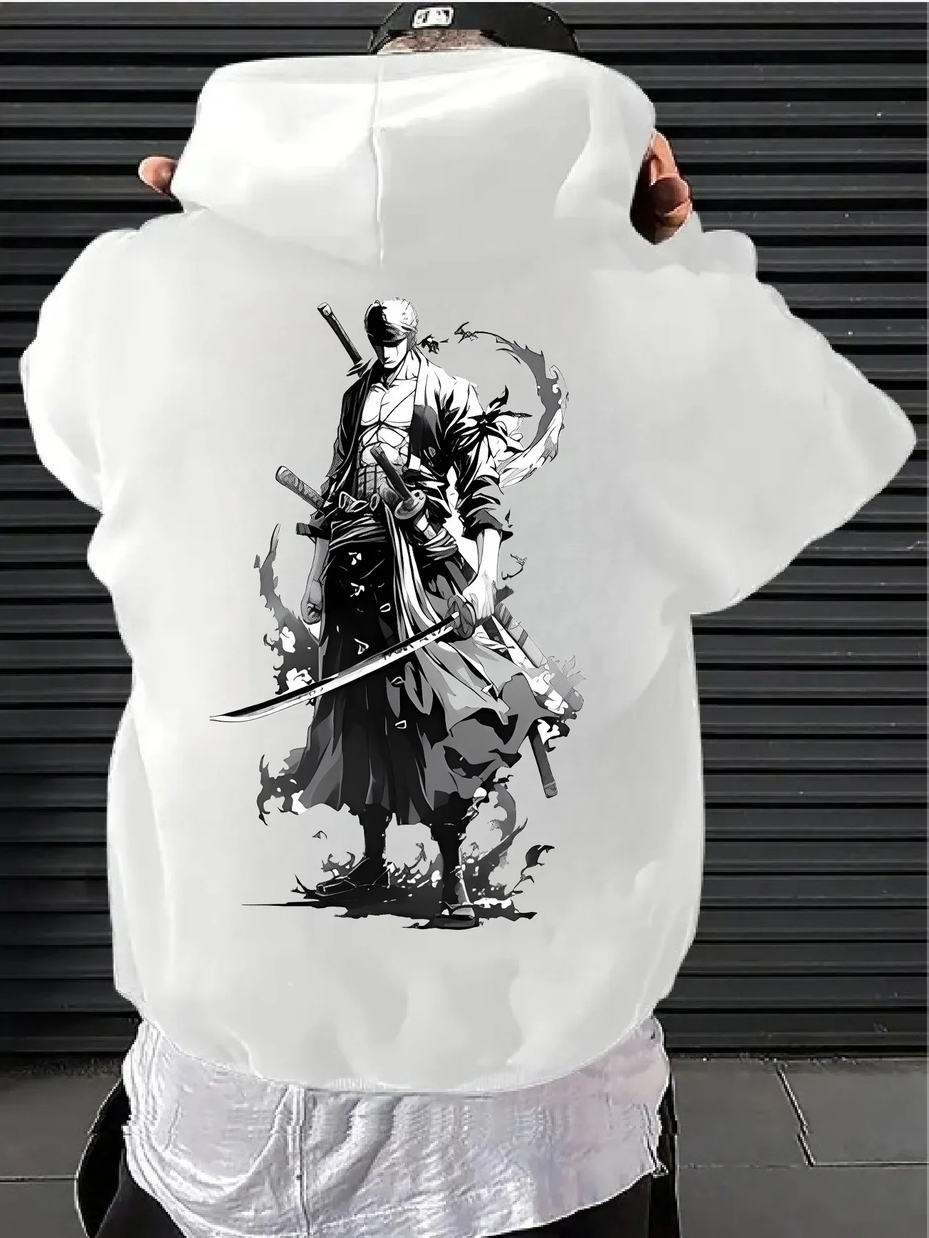 

Men'S Stylish Hoodie with Anime Warrior Print - Casual Loose , Machine Washable,