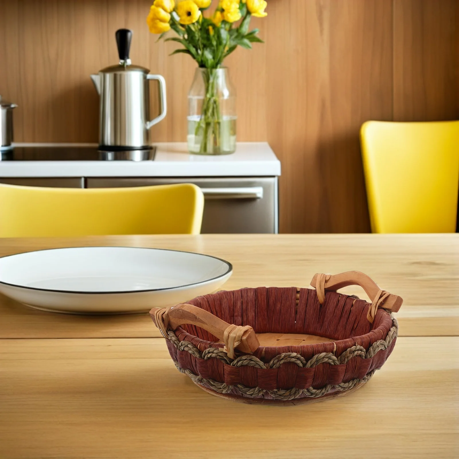 

Round Wicker Basket With Handle Desktop Tray Kitchen Table Fruit Snack Organizer Countertop Storage Serving Basket Woven Bread