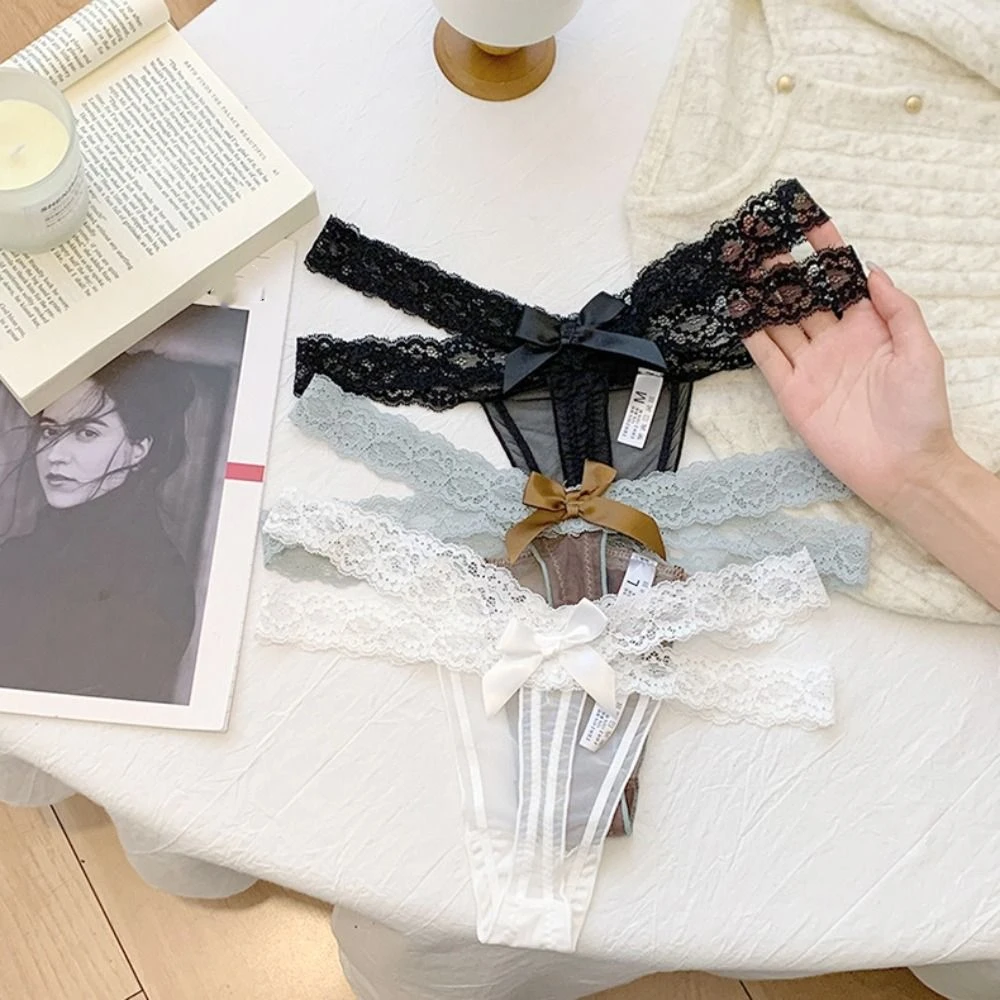 

Breathable Low Waist Lace Mesh Thongs Bowknot Sweet See Through Briefs Cotton Crotch Underpants Lace Strap Panties Women