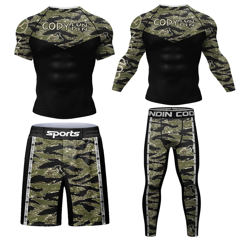 Bokserskie koszulki kompresyjne MMA + spodnie męskie o wysokiej elastyczności BJJ Rashguard Jiu spodenki wysypka straż dresowe koszulki kickboxingowe