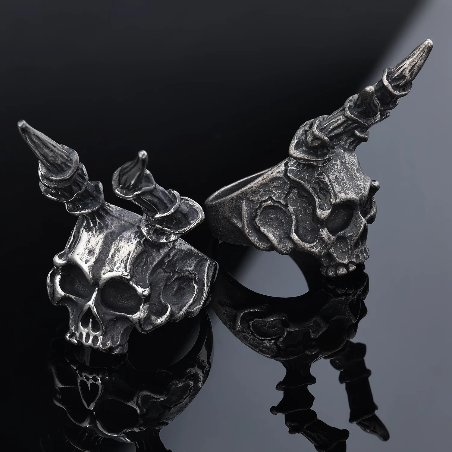 Classic Fashion Gothic Heavy Duty Long Horned Skull Stainless Steel Ring Men's Biker Rock Party Exorcist Jewelry Gift Ring