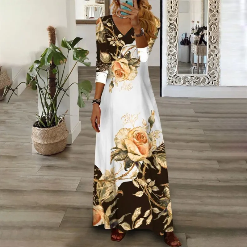 Women's New Printed V-neck Pullover Button Long Sleeved Dress For Women, Elegant And Generous Slim Fit A-line Skirt  Vestidos