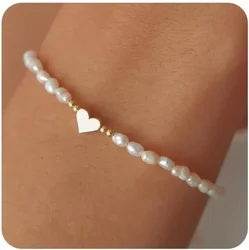 Minar Classic Multiple Glass Freshwater Pearl Beads Heart Strand Bracelets for Women Real Gold Silver Plated Copper Accessories