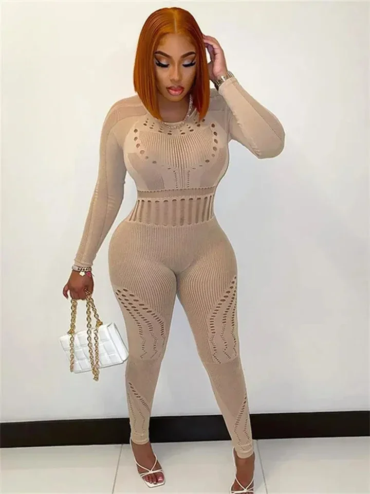 

Sexy Mesh Jumpsuits Women Hollow Out Clubwear Long Sleeve Bodycon Bodycon Blue See Though One Piece Outfit Rompers Jumpsuits