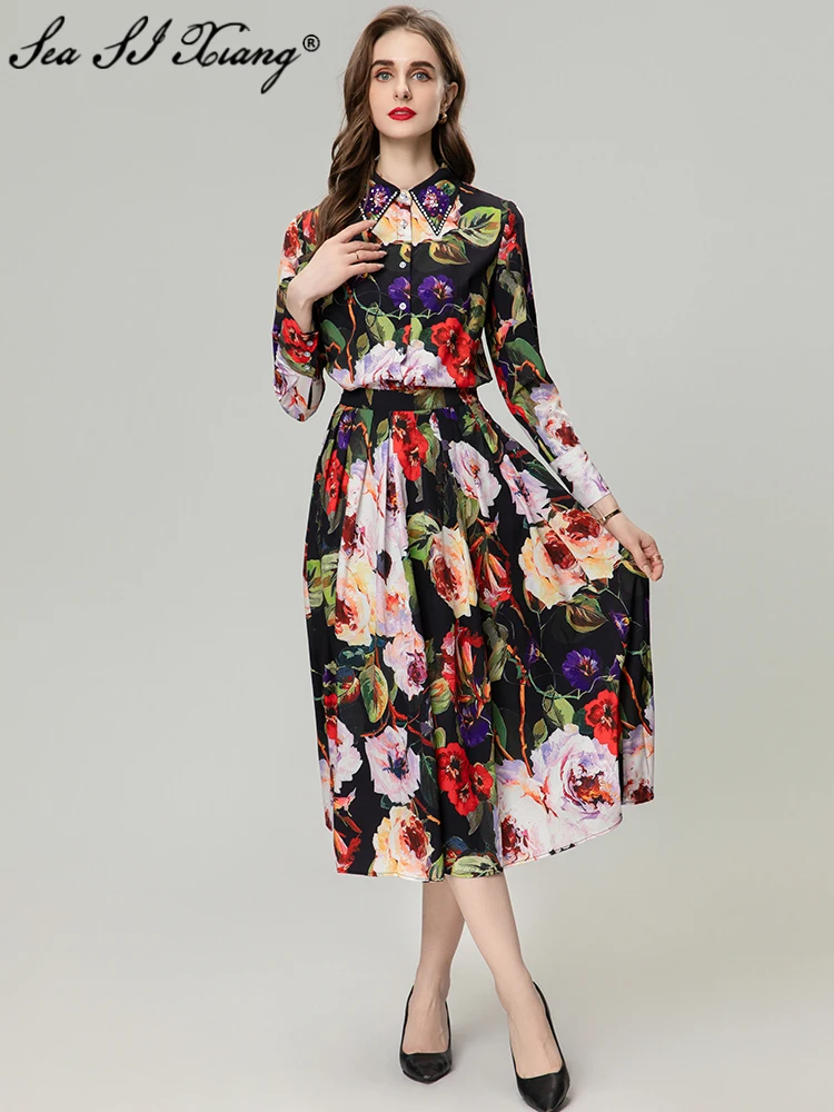 

Seasixiang Fashion Designer Summer Flower Print Suit Women's Crystal Turn-down Collar Long Sleeve Shirt + Skirt Two-Piece Set