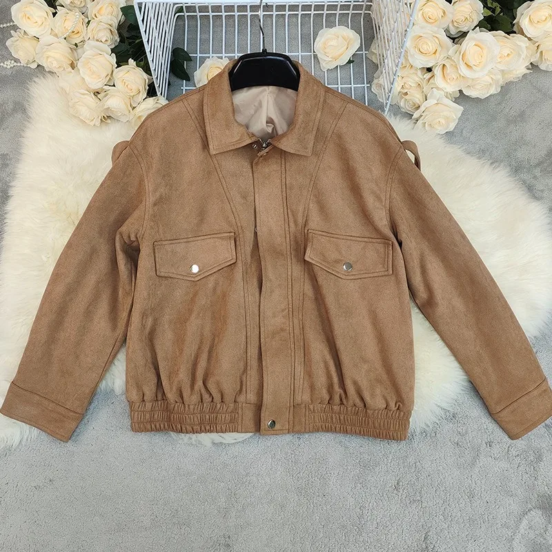 Zipper Jacket for Women 2025 Autumn Winter Long Sleeve Female Lapel Coats Vintage Artificial Leather Solid Lady Outwear Street