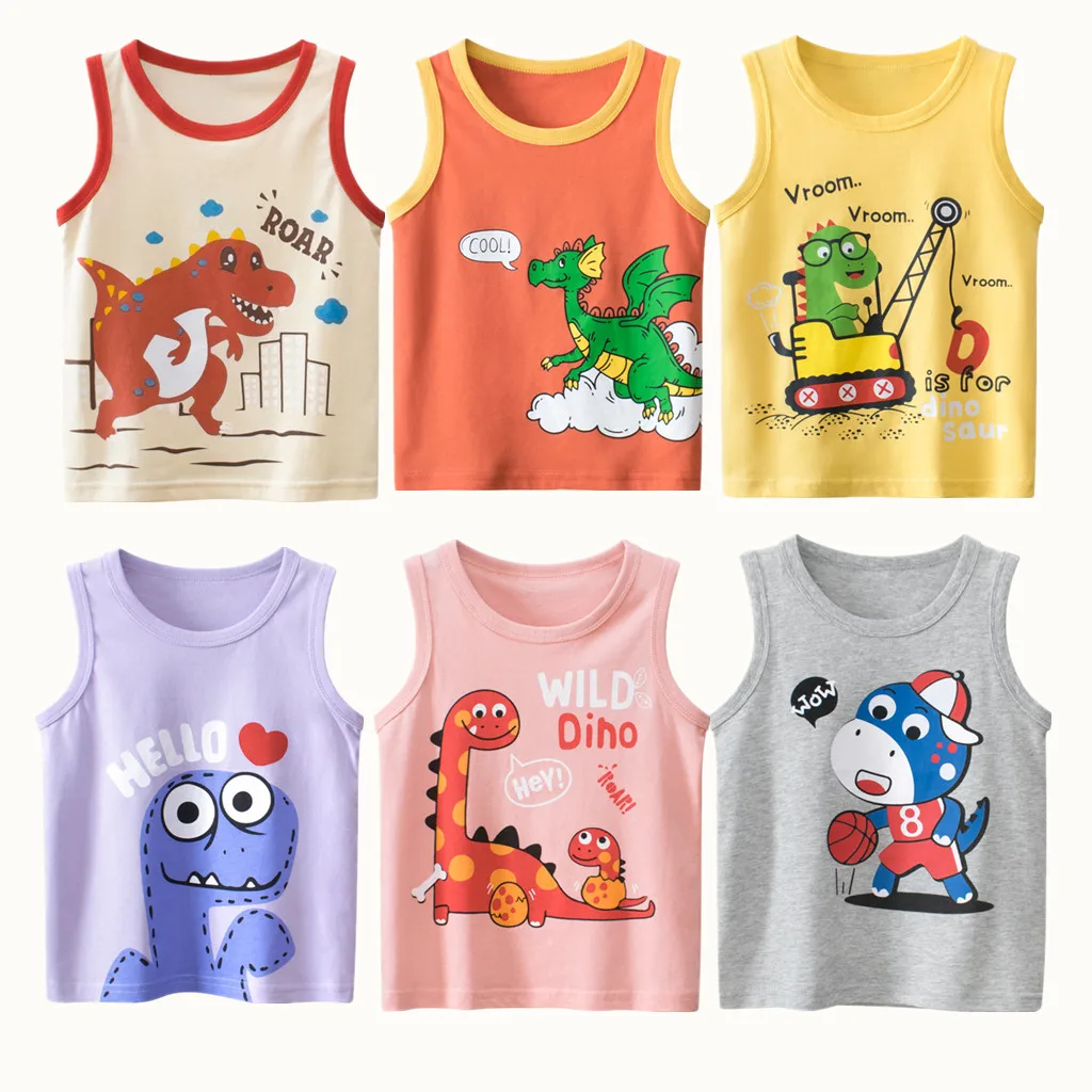 

2023 Summe Children Vests for Girls Clothing 100% Cotton Dinosaur Cartoon Kids Boys Sport Causal Tank Tops Baby Cute Clothes