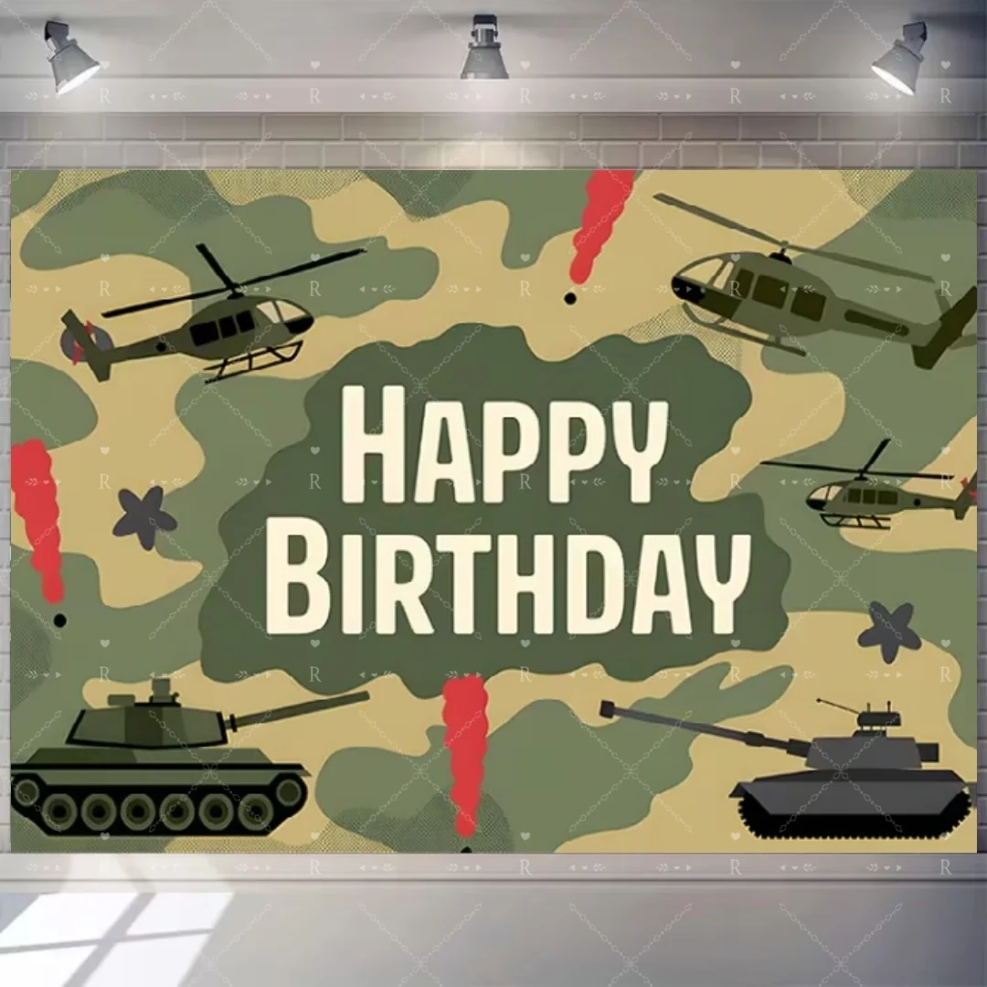 Militär-Armee-Thema Geburtstagsparty-Dekoration Hintergrund Tarnmuster Soldat Flugzeug Panzer Auto Hintergrund Jungen Foto-Banner Geschenke – Detail 5