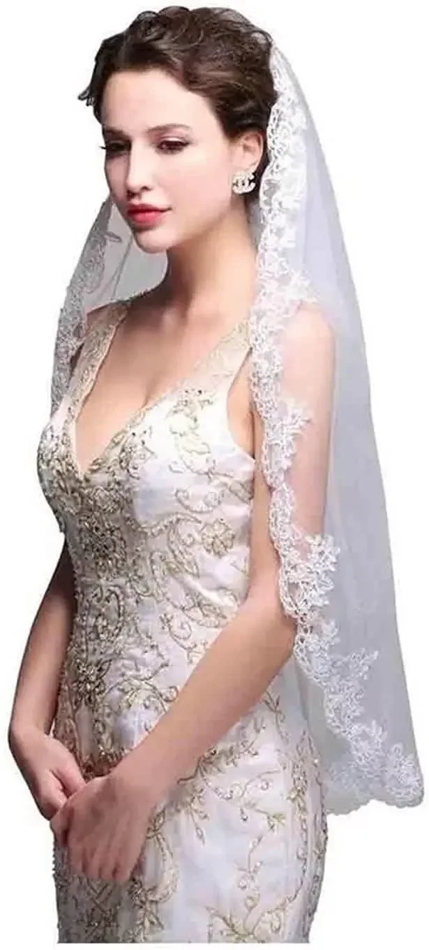 

Women's Wedding Veil 1T Fingertip Length Lace for Bride Embroidered with Comb Headpiece 2024