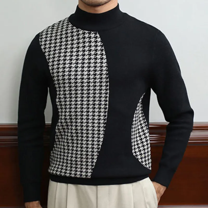 

Houndstooth Contrast Color Half High Neck Knit Casual Knitted Sweater Social Club Outfits Herren Pullover Homme Sweater For Men