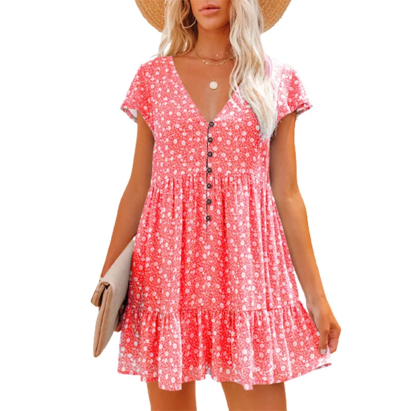 Sommer frauen V-ausschnitt Taste Floral Kurzarm Kleid Beiläufige Lose Kleider Für Frauen Maxi Strand Vestidos