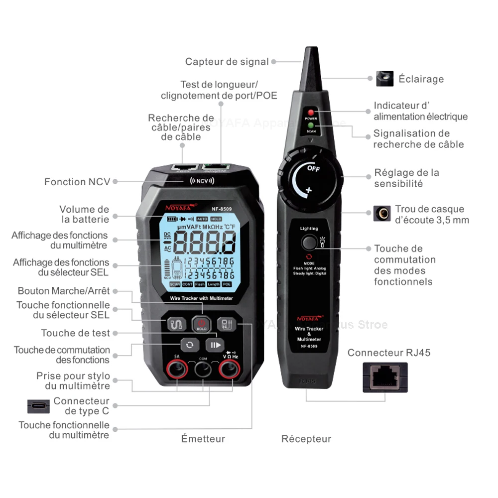 Imagem -05 - Noyafa-upgrade Network Cabo Tester Multímetro Tensão Atual Resistência Teste Poe Ncv ac dc Lcd Wire Tracke nf 8509 Novo