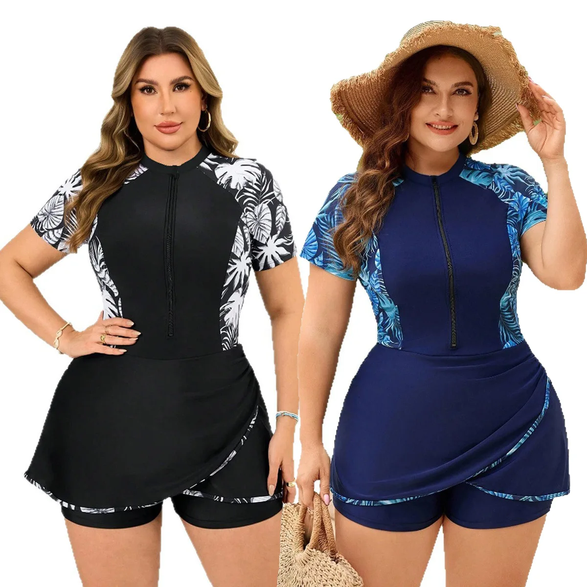 2026 new plus size swimsuit women's split short sleeved zipper plus size Tankini swimsuit