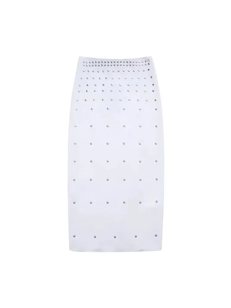 2024 Women’s Skirt Sets Fashion Rivet Decorated Knitted Sleeveless Top+Rivet Decorated Knitted Midi Skirt 2 Piece Set