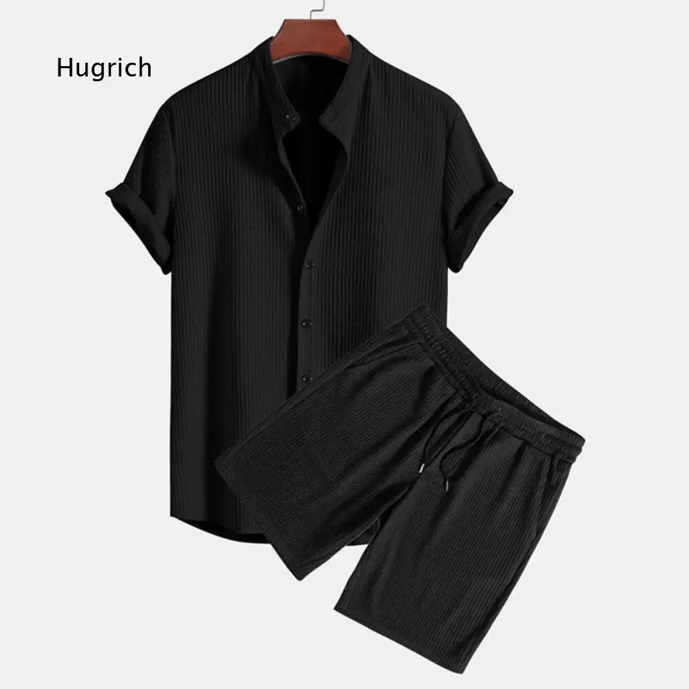 Waffle Textured Two Piece Clothing Set For Men Stand Collar Short Sleeve Button Shirt And Drawstring Waist Shorts For Daily Wear
