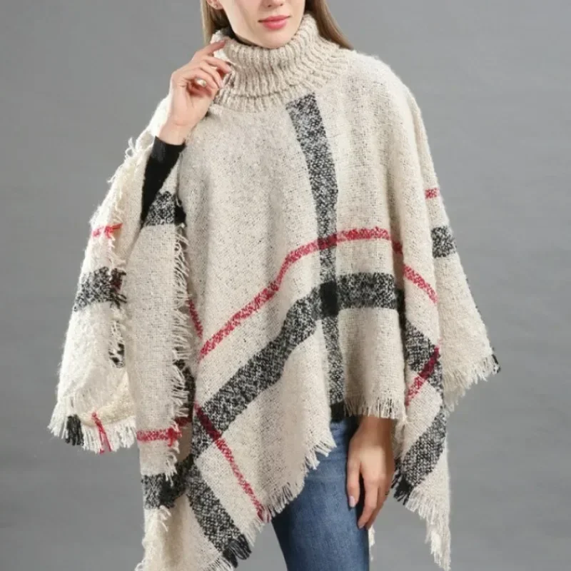 Winter Women Loose Striped Coat Jacket Cozy Plus Size Plaid Shawl Knit Turtleneck Sweater Pullover Capes Ponchos