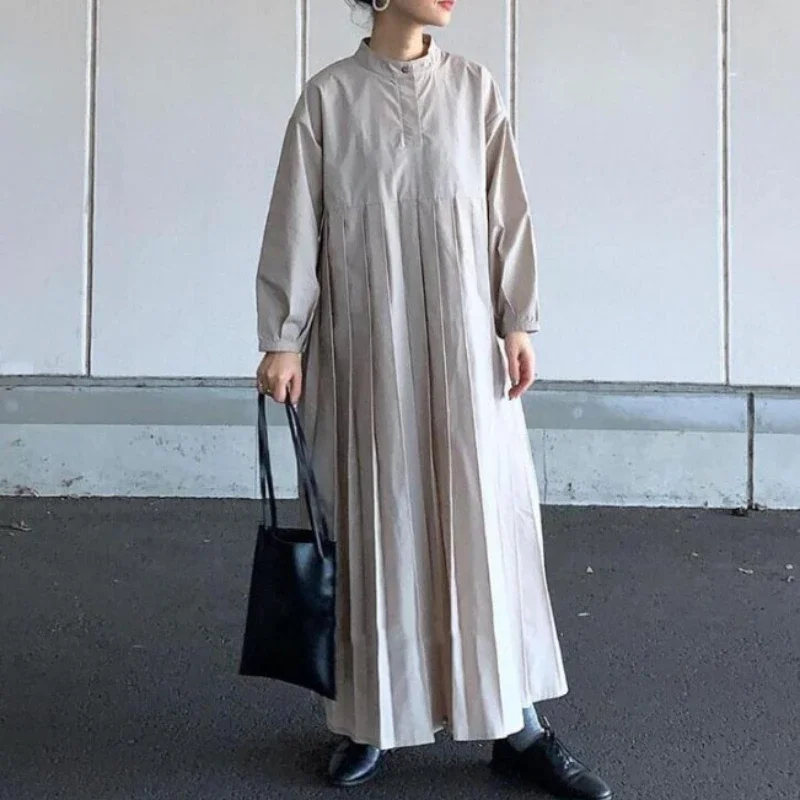 2023 Frauen Gebets kleidungs stück Ramadan muslimischen Abayat Kleid neue einfarbige Crewneck Damen Kleid plissiert lang ärmel igen Hemd Kleid