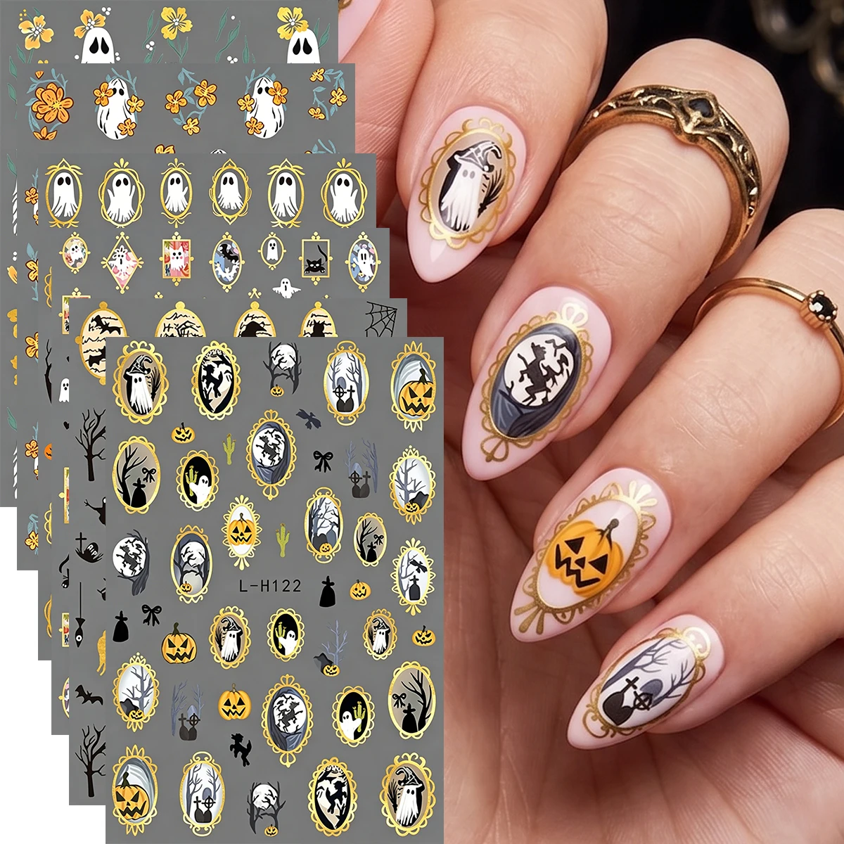Nail Art Zelda - 6 Gothic Halloween Nail Stickers, Gold
