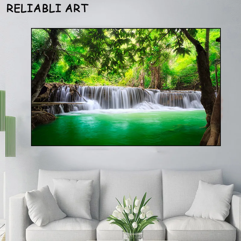 Modern Waterfall and Lake Landscape Canvas Painting Poster and Prints Wall Art Pictures For Living Room Home Decor No Frame