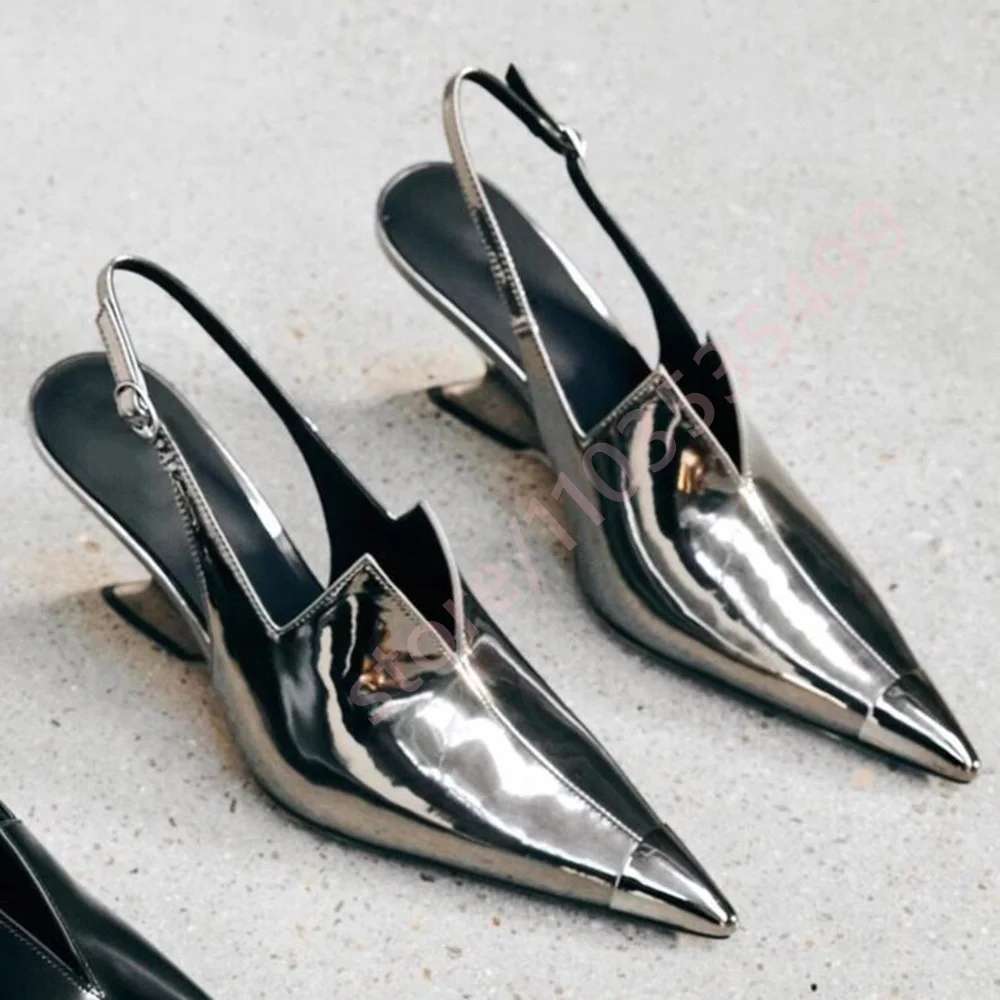 

Women's Metallic Silver/black Slingback Heels 202Summer New Pointed Toe Sculptural Heel Sandals Fashion Runway Party Pumps