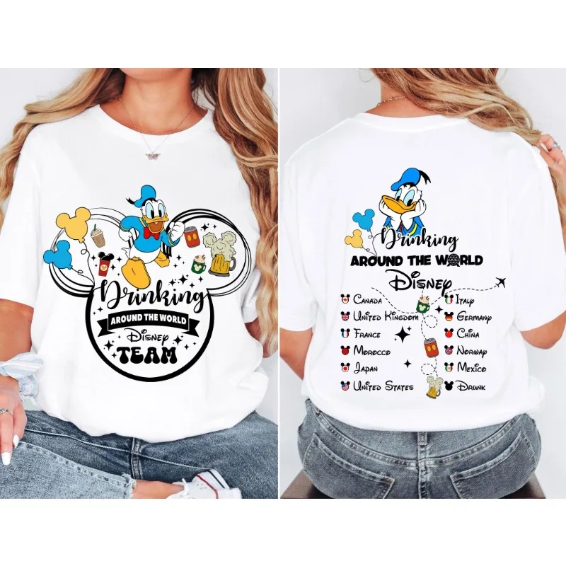 Koszulka Epcot Drinking T-shirt Mickey Friends Drinking Team Koszulka Festiwal Światowej Kuchni i Wina Koszulka z czystej bawełny z okrągłym dekoltem