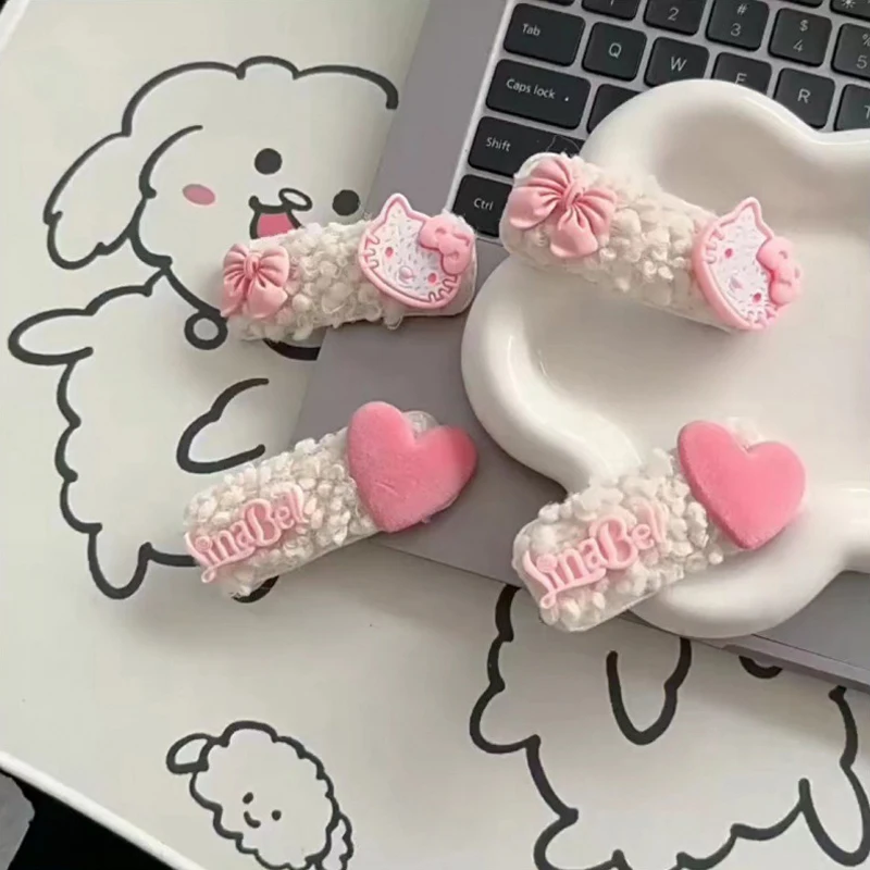 Horquilla Kawaii de Hello Kitty para niña, pinza para el pelo de gatito de peluche de dibujos animados, pinzas para flequillo lateral, accesorios para el cabello