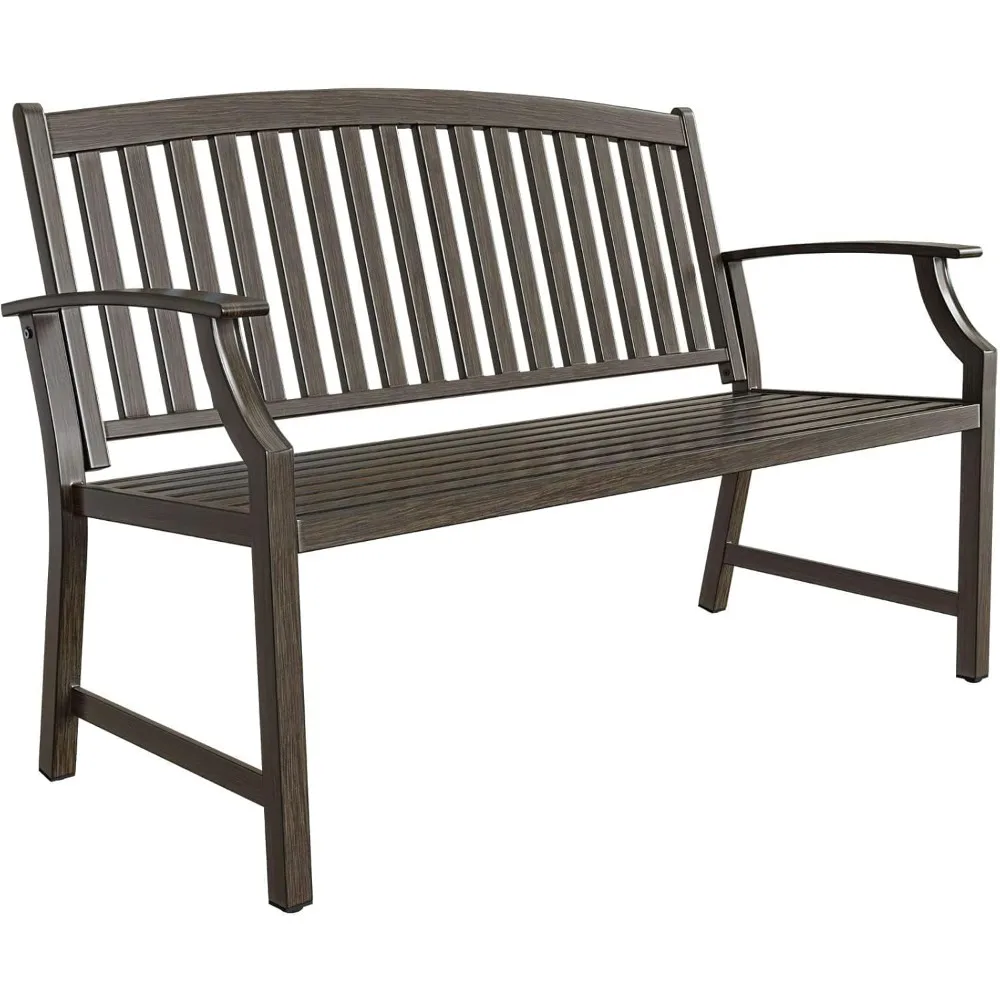 

52" Farmhouse Outdoor Bench, Garden Benches with Rust Free Metal Powder Coated Frame and Aluminum Backrest, Faux Wood