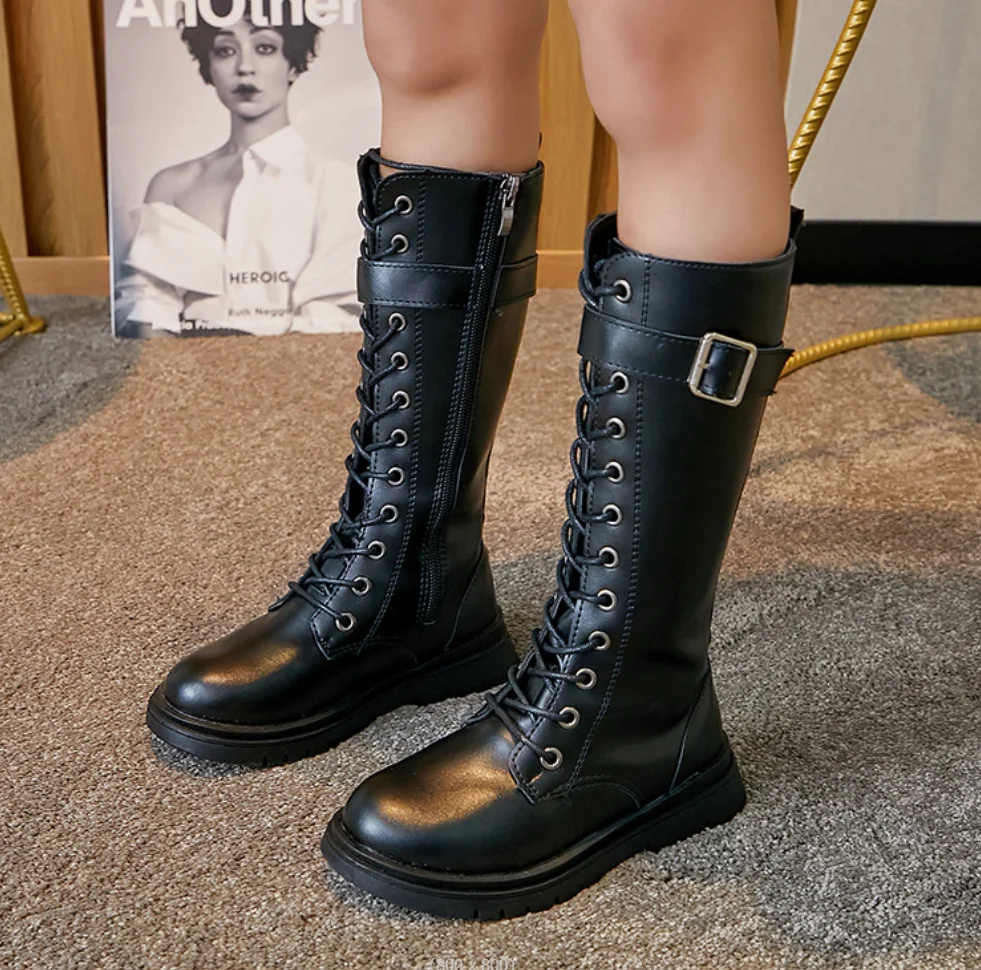 Girls\' Knee-High Boots Autumn/Winter Children\'s Snow Boots New Princess Fashion Girls\' Lace-up Warm Leather Cotton Shoes size37
