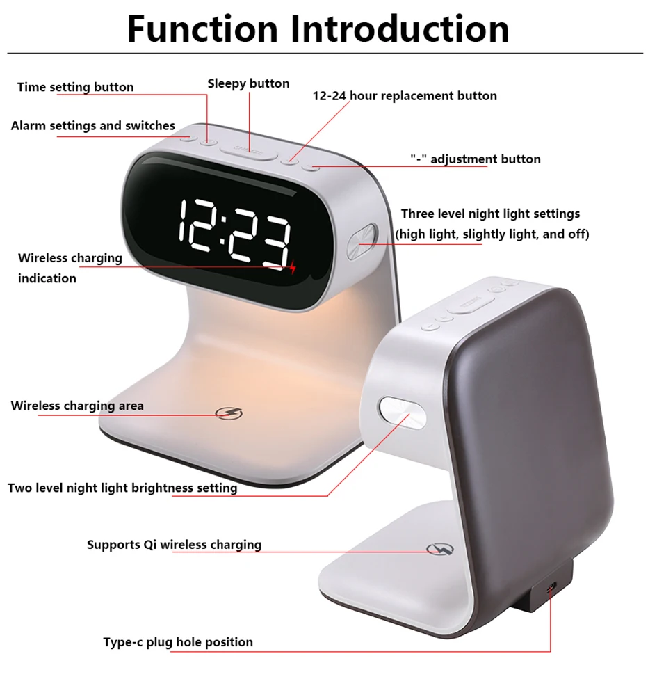 15w-3in1多機能led温光ナイトアラームクロック、iphone17、huawei、samsung対応の急速充電ドック付き携帯電話用