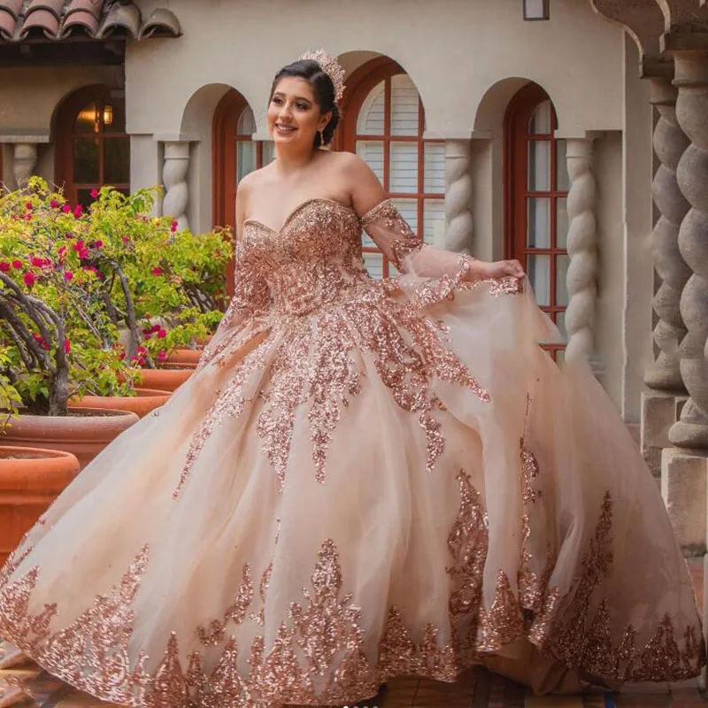 Vestido De quinceañera con lentejuelas De oro rosa, Vestido De baile De graduación con corsé y cuentas De corazón, De lujo, 15 años, 2022