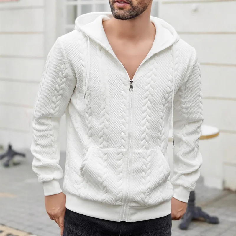 B&C Textured Knit Hoodie Full Zip with Pockets and Drawstring Casual Sweatshirt for Men Daily Wear